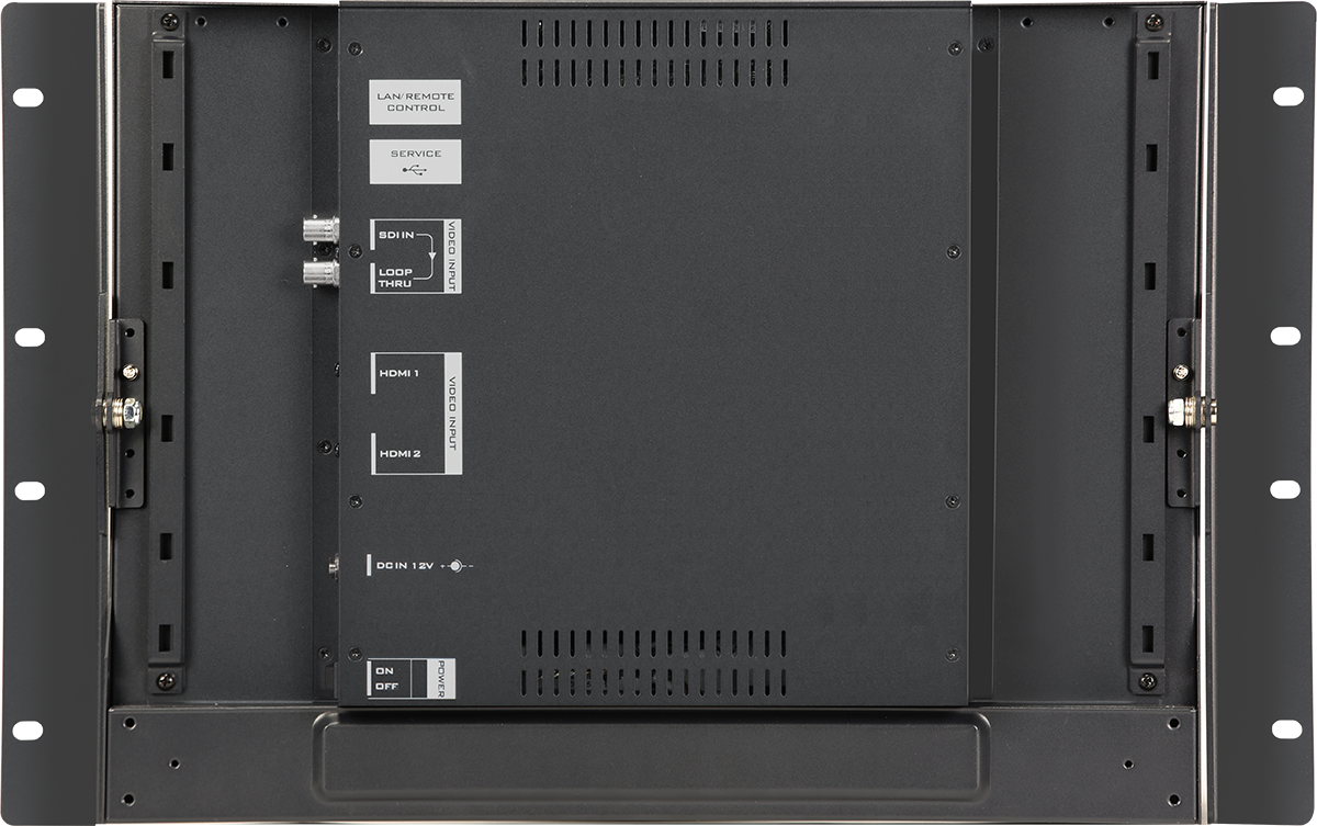 Rückseite des Datavideo TLM-170LR mit SDI-Eingang und Durchschleifausgang, zwei HDMI-Eingängen und 12-V-Gleichstromanschluss