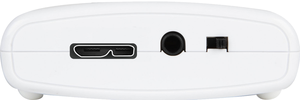 Anschlussseite des Datavideo CAP-1 mit USB, externem Audioeingang und Wahlschalter