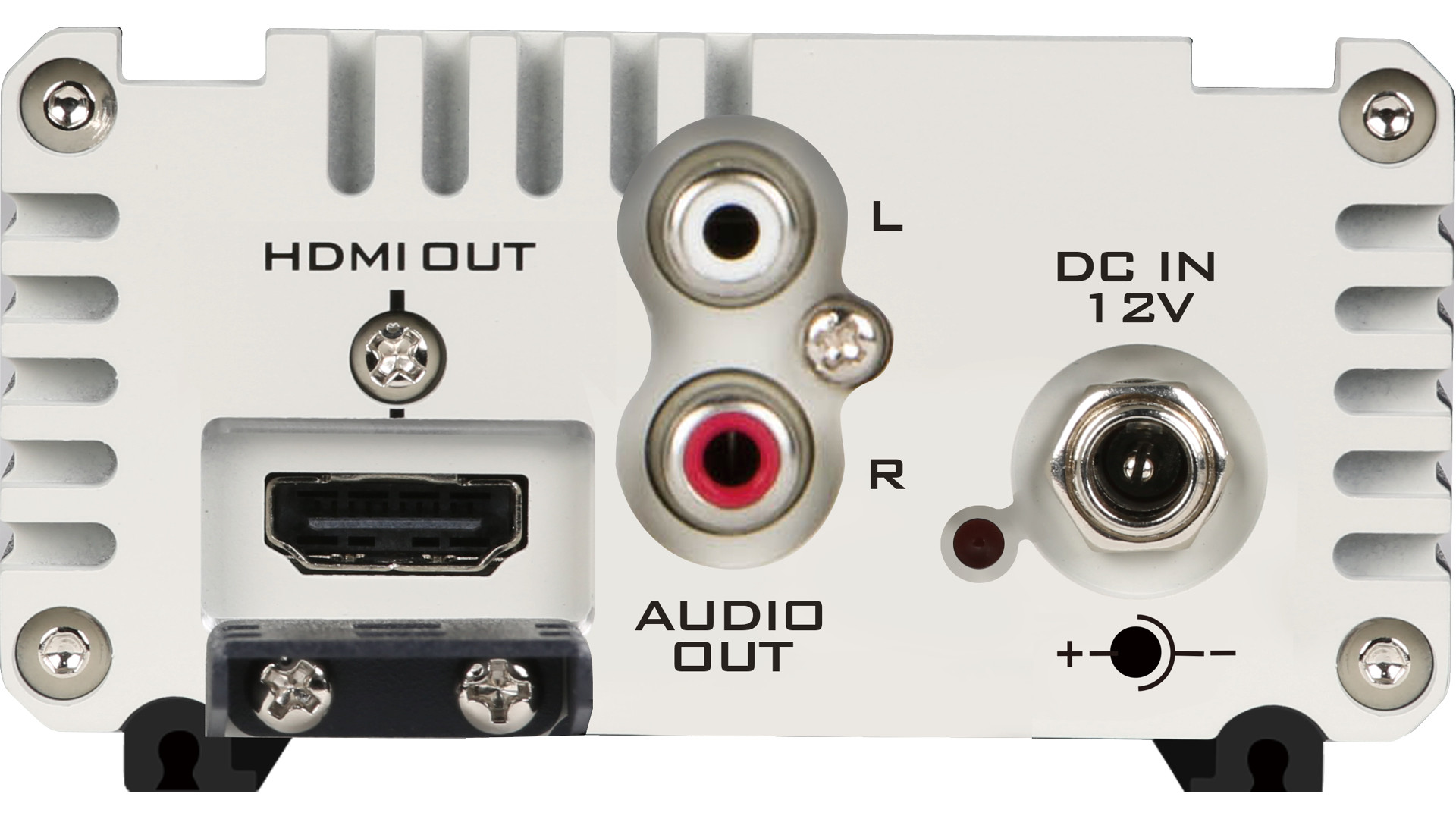 HDMI-, Stereo-RCA-Audio- und 12-V-Stromanschlüsse