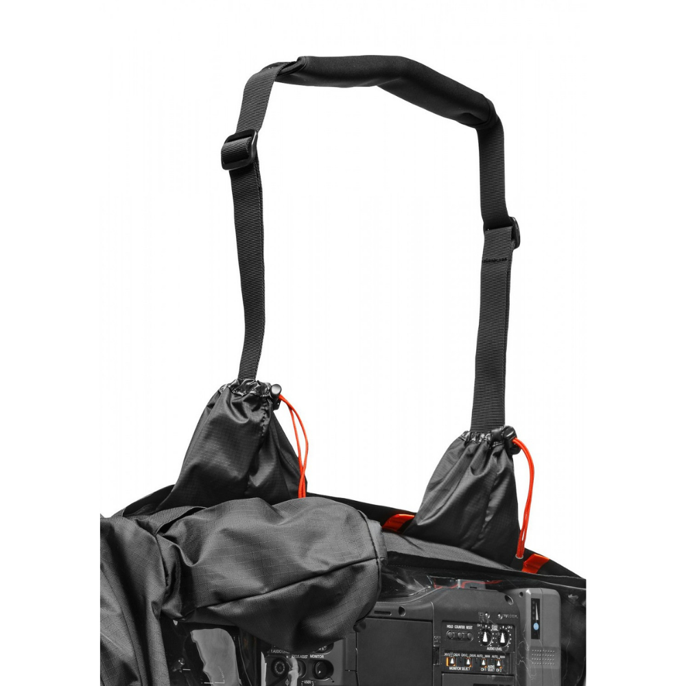 Detail des Manfrotto RC-1 Regenschutzes und seines Gurts