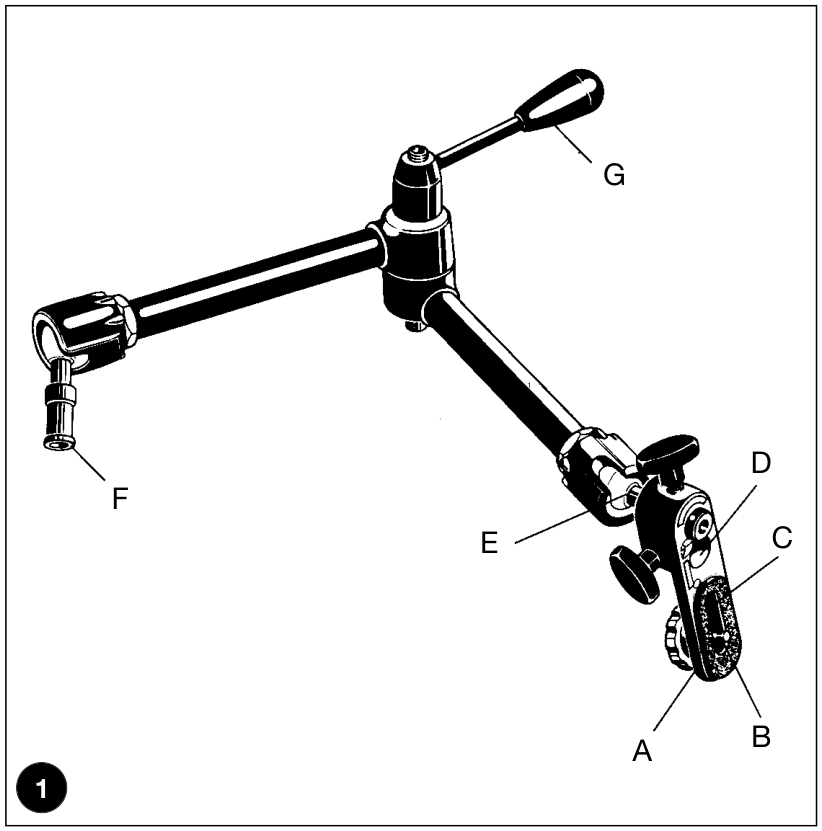 Vollständige Abbildung 1 aus der Anleitung des Manfrotto 143 Arms mit Halterung 143BKT und Armkomponenten