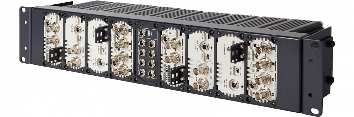 Rückansicht einer mit Datavideo-Konvertern bestückten RMK-2-Rackeinheit