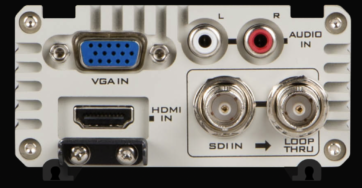 VGA-, HDMI-, SDI-Loop-through- und Stereo-RCA-Audioeingänge des DAC-70