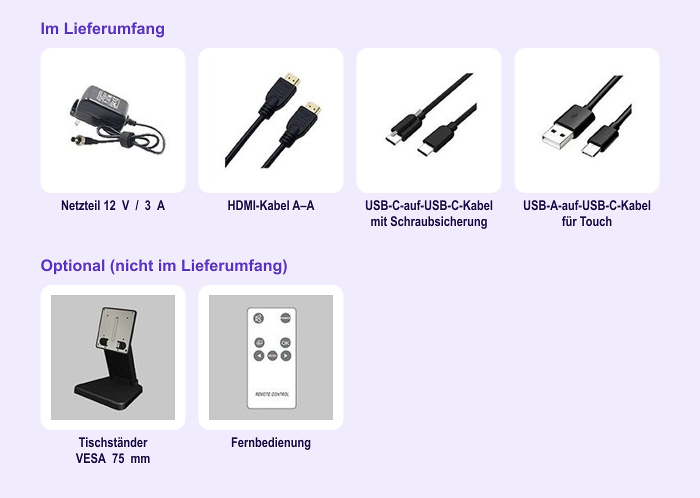Lilliput FA1019-NP/C/T – Lieferumfang und optionales Zubehör