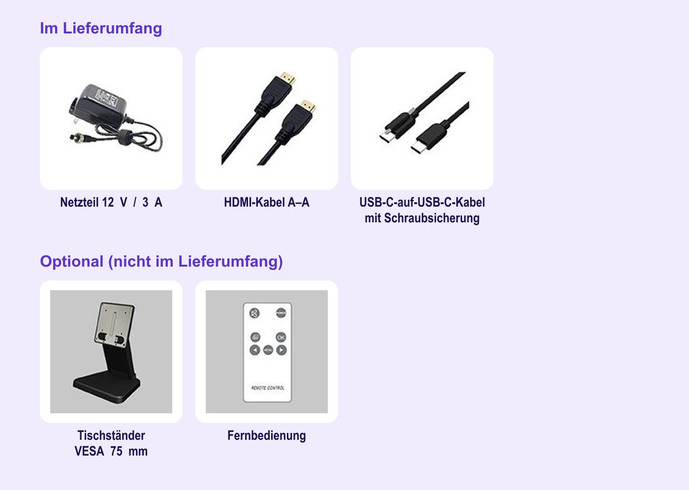 Lilliput FA1019-NP/C – Lieferumfang und optionales Zubehör