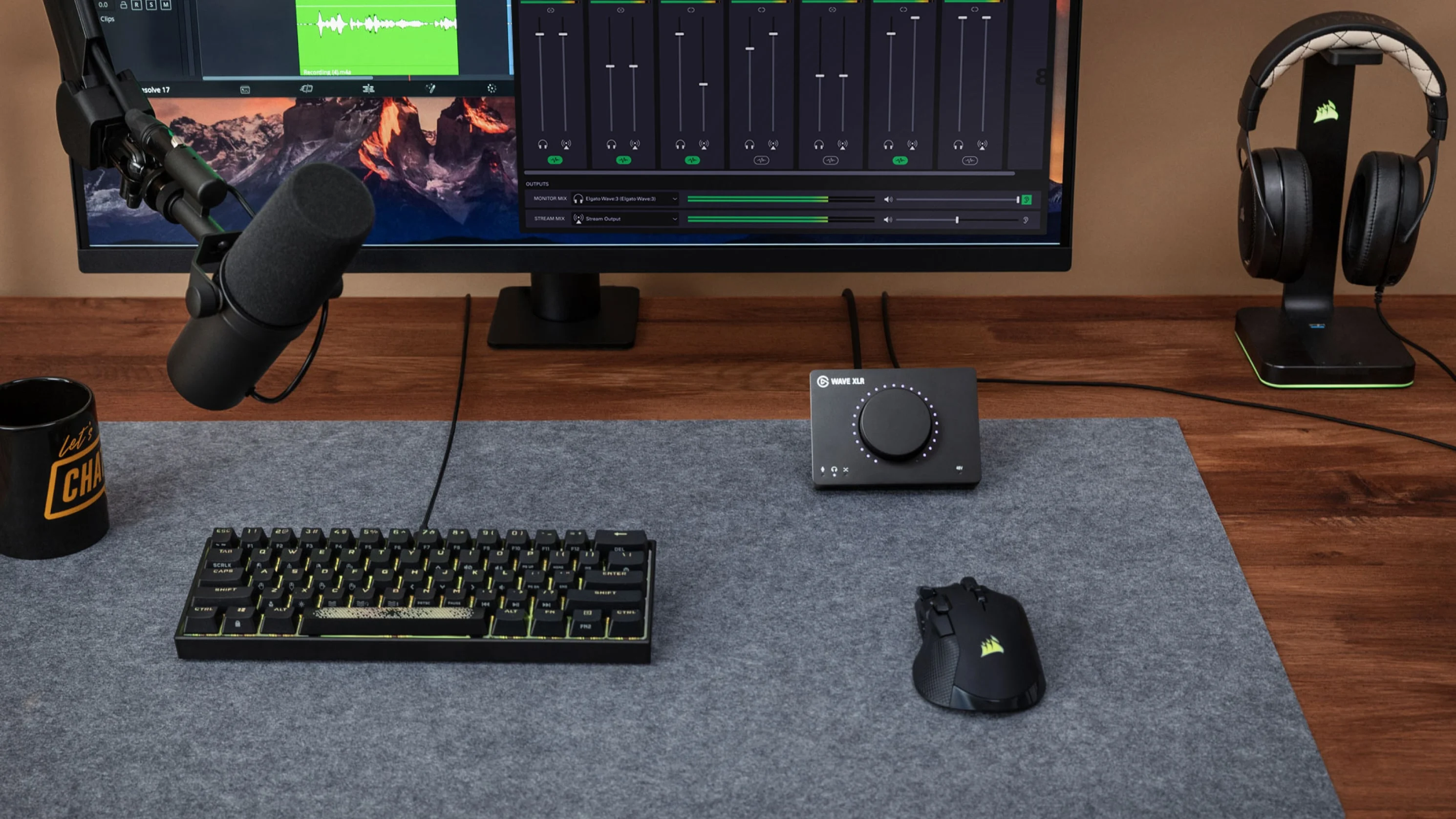 Podcasting setup featuring Wave XLR and a dynamic microphone, with Wave Link software on the monitor screen