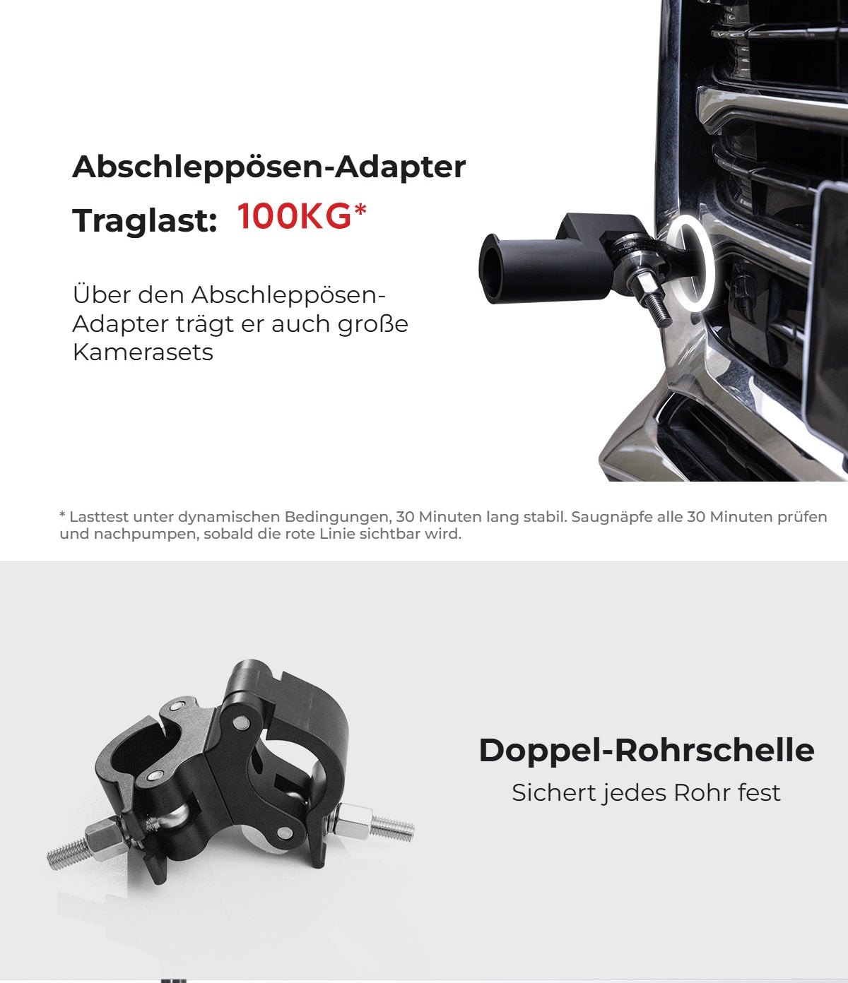 Abschleppösen-Adapter und Doppel-Rohrschelle