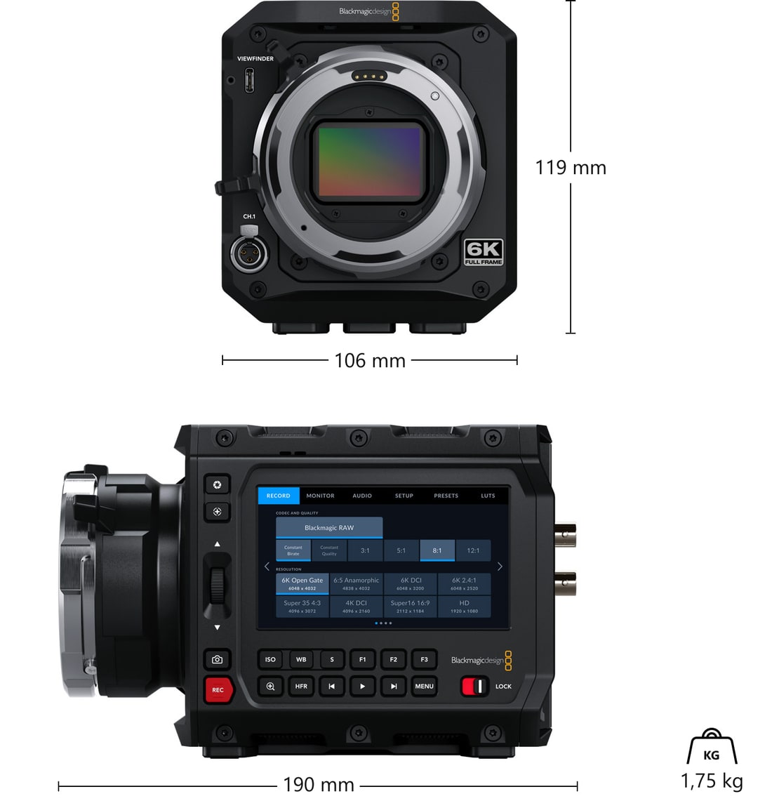 Blackmagic PYXIS 6K PL – Abmessungen und Gewicht