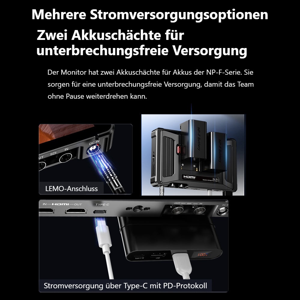 Desview OL7S – Stromversorgung über NP-F, LEMO oder USB-C