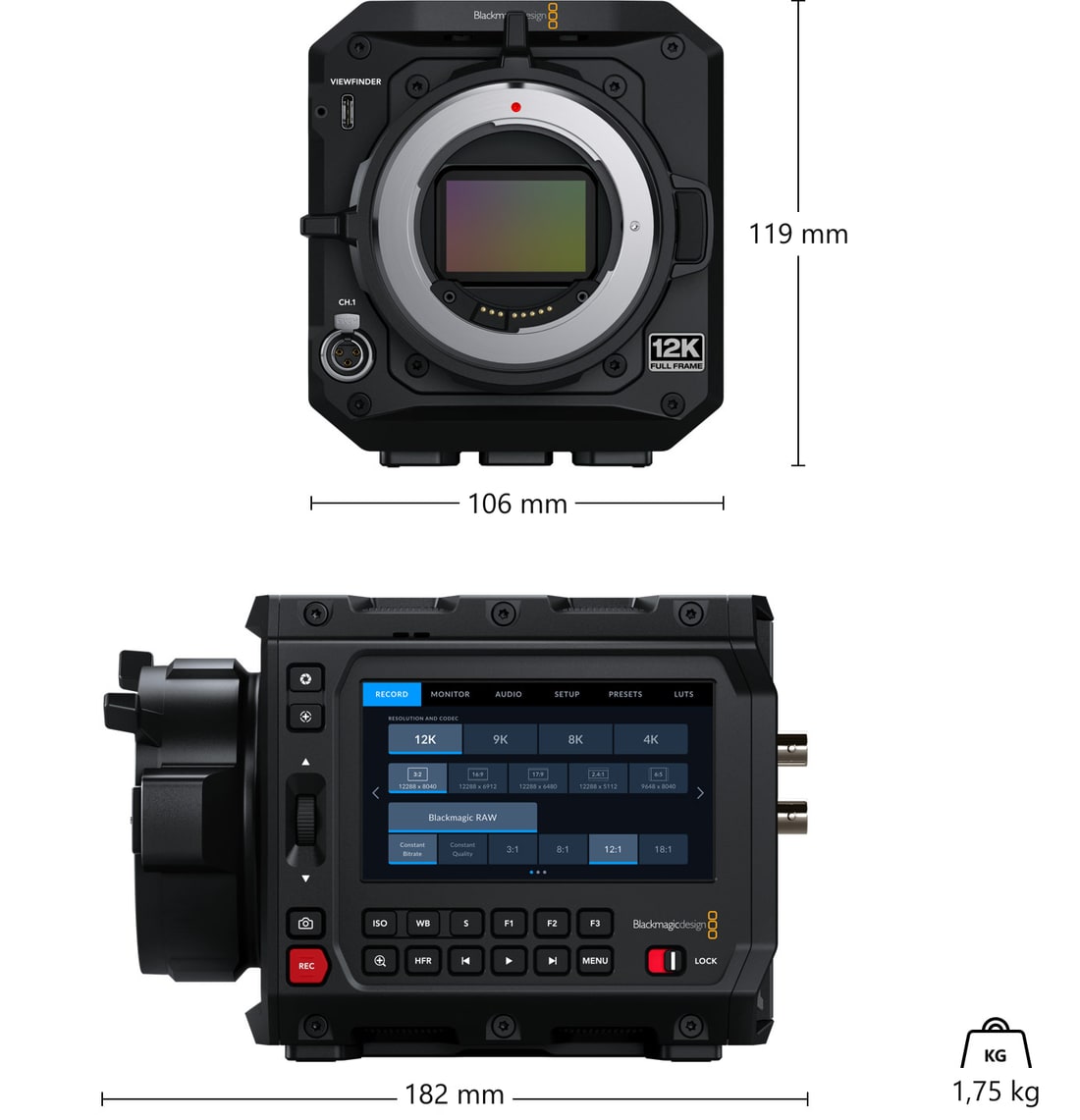 Blackmagic PYXIS 12K EF – Abmessungen und Gewicht