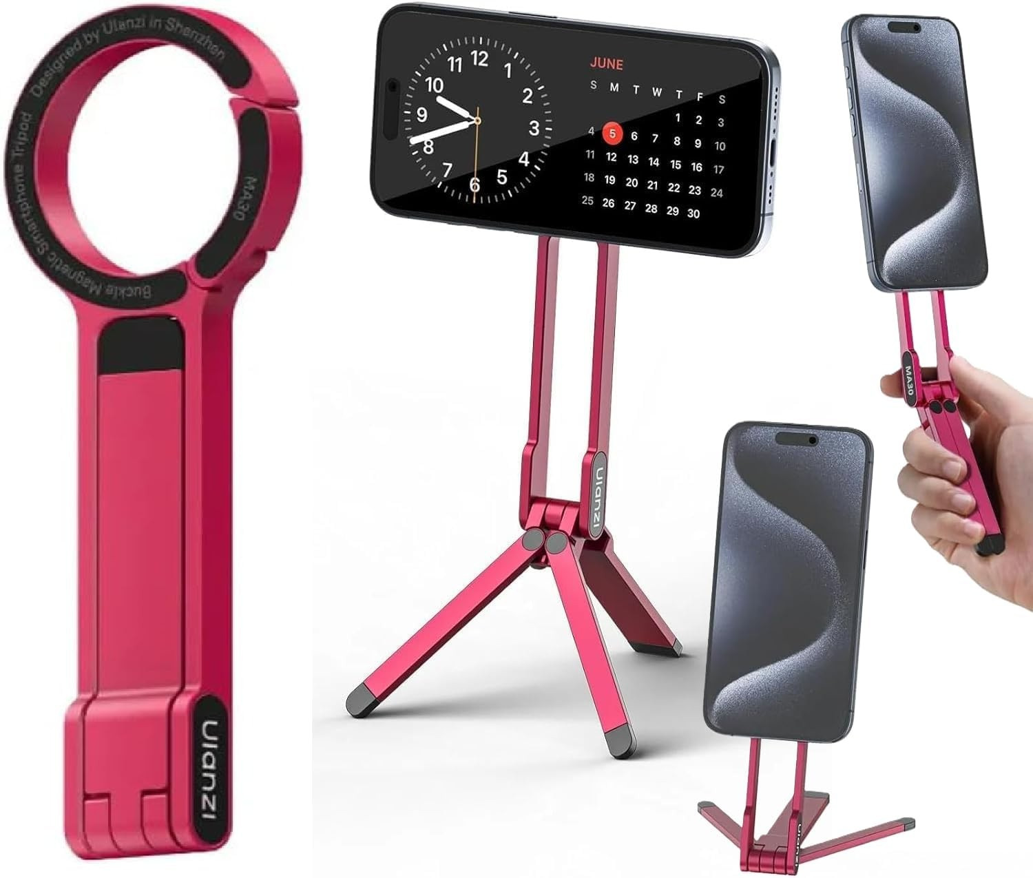 Rotes Ulanzi MA30 Smartphone-Stativ im gefalteten, Hand- und Ständermodus