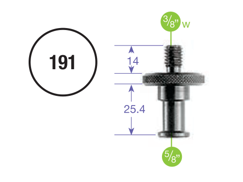 Manfrotto 191 Herstellerzeichnung: 3/8-Zoll-W-Außengewinde und glatter 5/8-Zoll-Zapfen