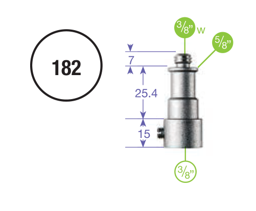Manfrotto 182 technische Zeichnung: 3/8-Zoll-W-Außengewinde,5/8-Zoll-Zapfen und glatte3/8-Zoll-Aufnahme