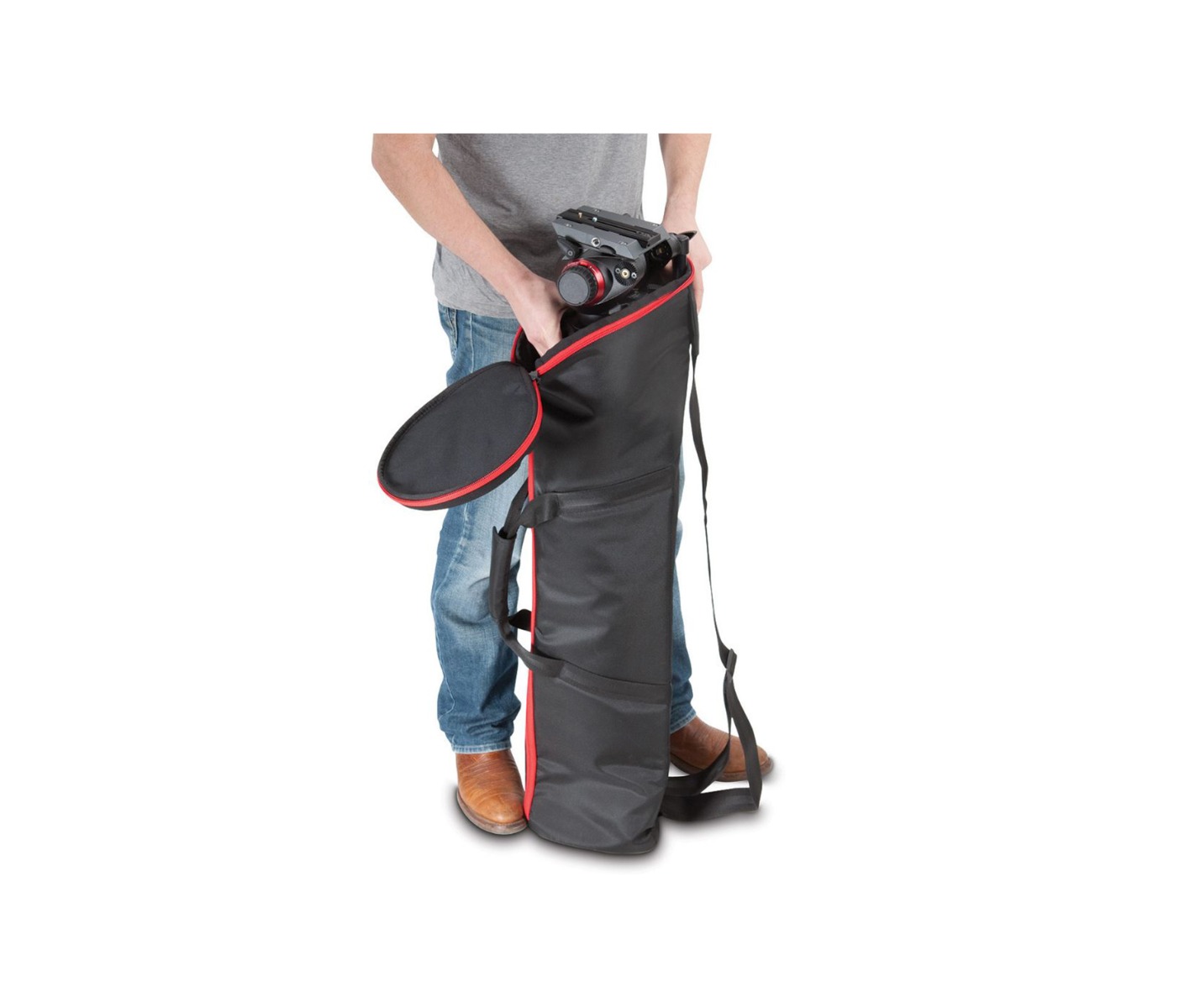 Einsetzen eines Stativs mit montiertem Kopf in die Manfrotto MBAG80N