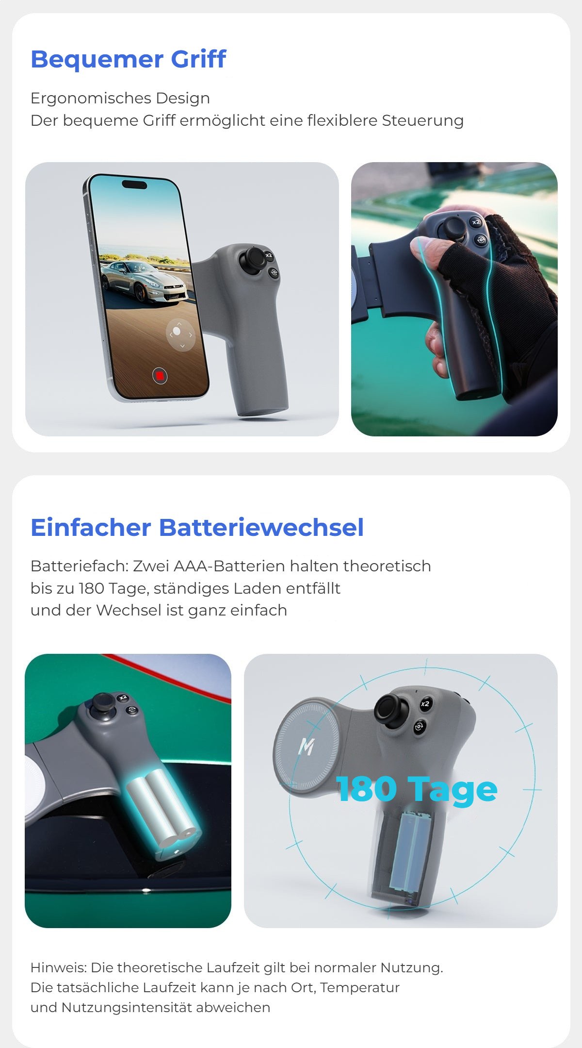 Bequemer Griff und einfacher Batteriewechsel