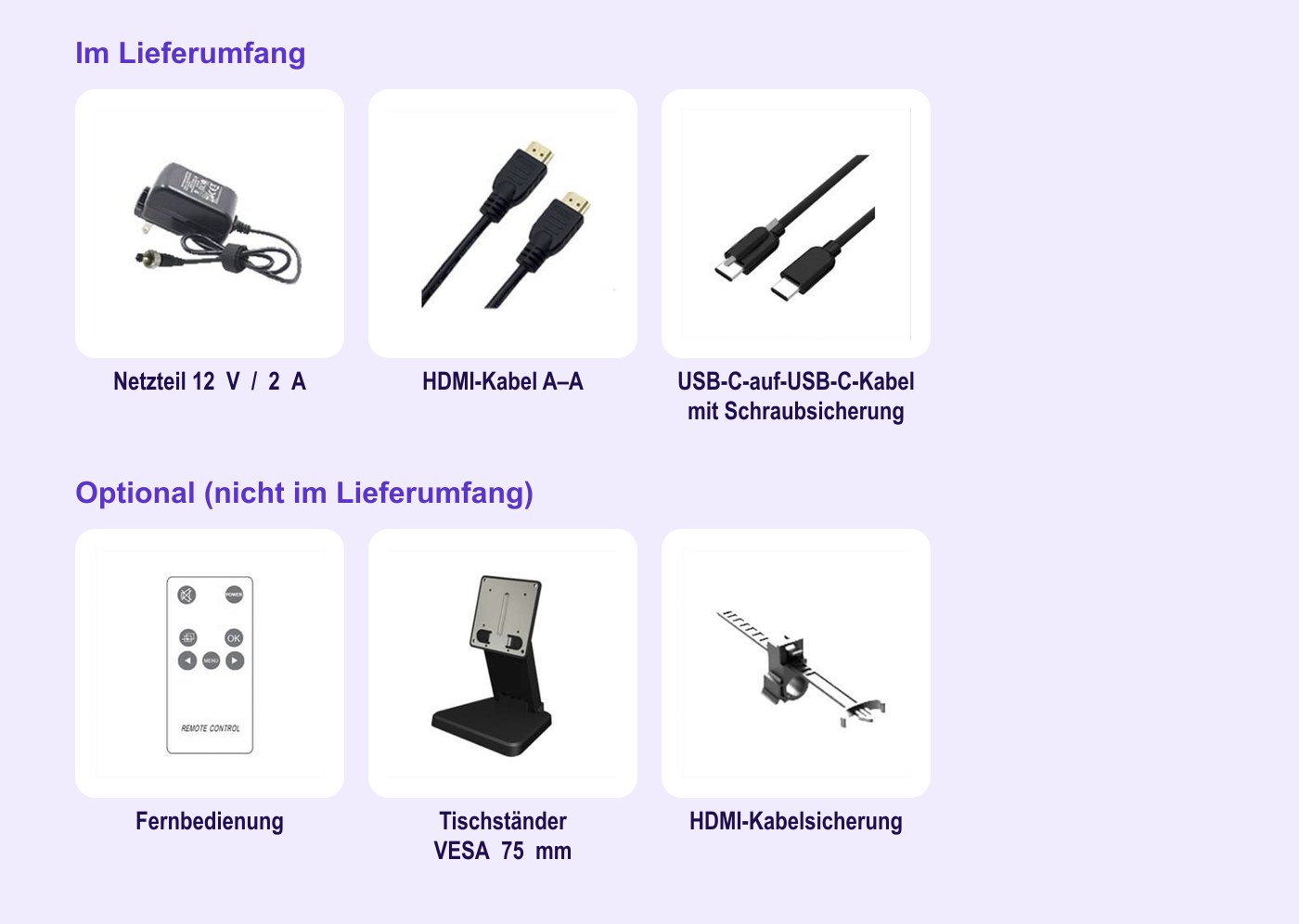 Lilliput 819/C – Lieferumfang und optionales Zubehör