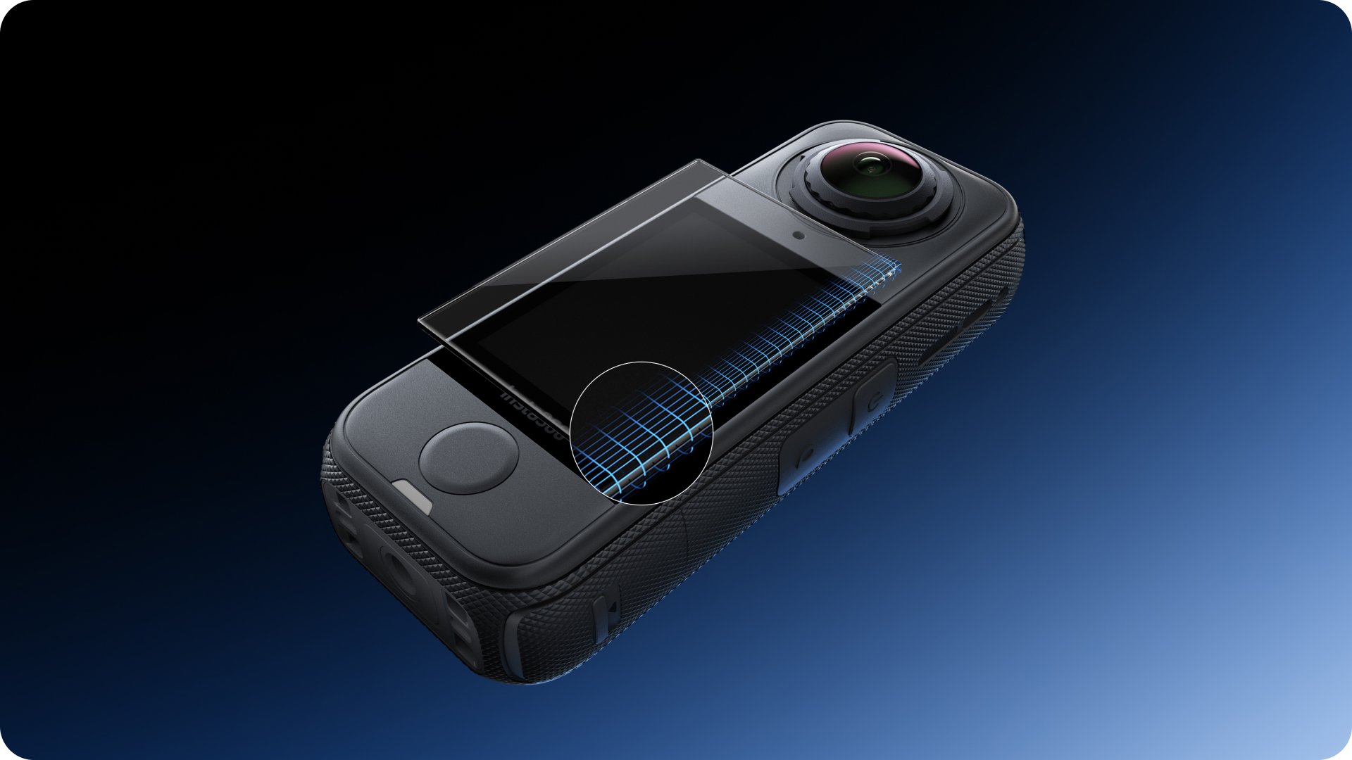 Pohled na sklo a jeho zaoblené hrany na kameře Insta360 X4 Air
