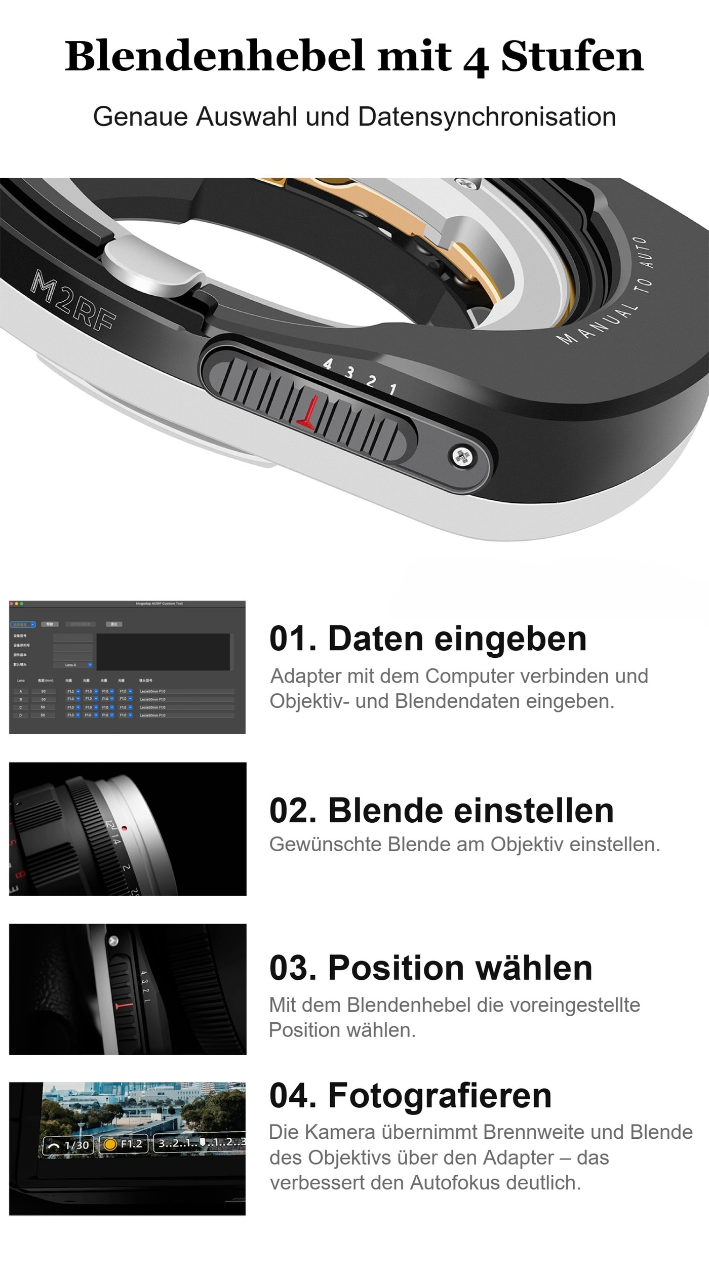 Megadap M2RF – Blende am Objektiv, Übergabe an die Kamera per Adapter