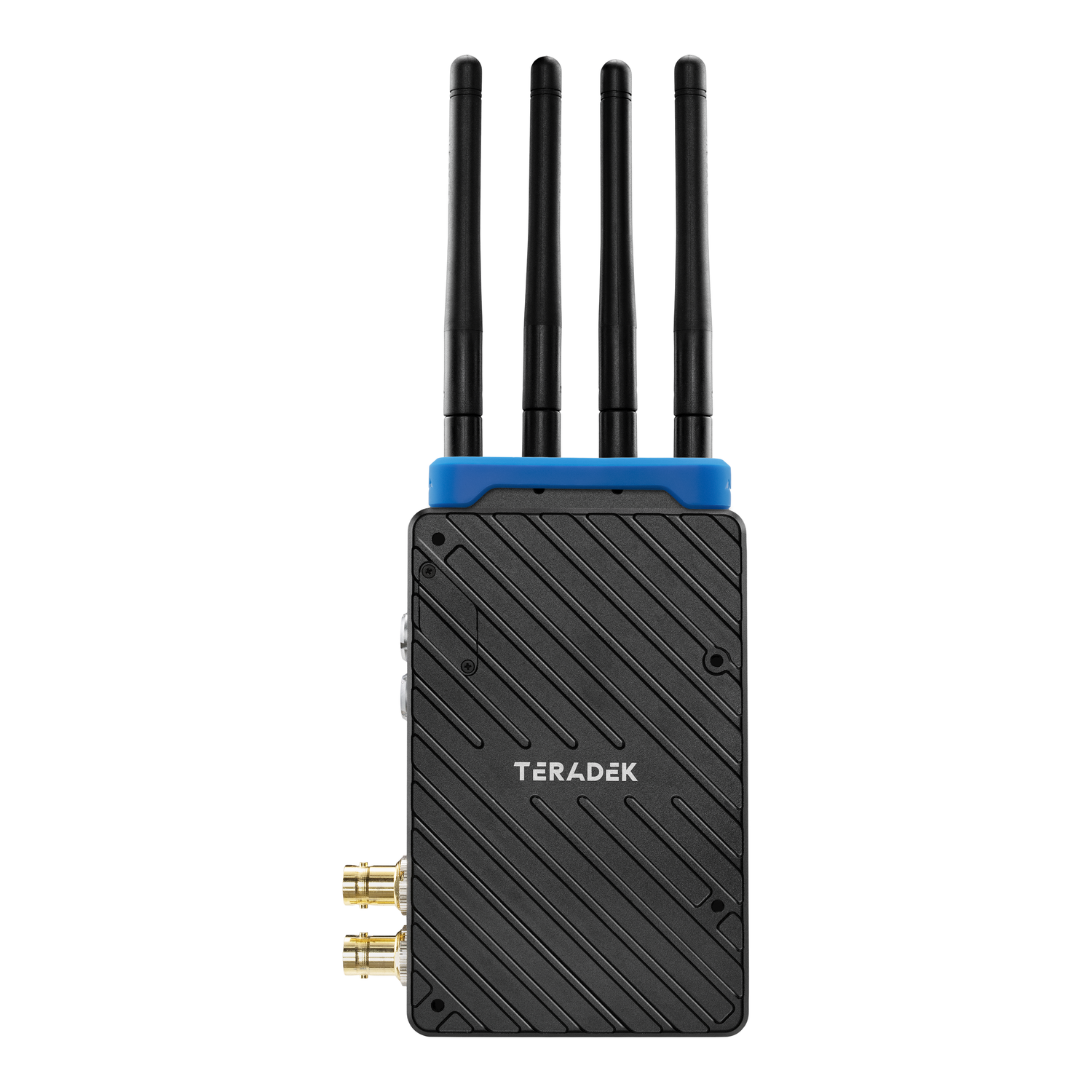 Blaues Kennzeichnungsband Teradek 11-0910 an einem Bolt 6 XT TX Sender