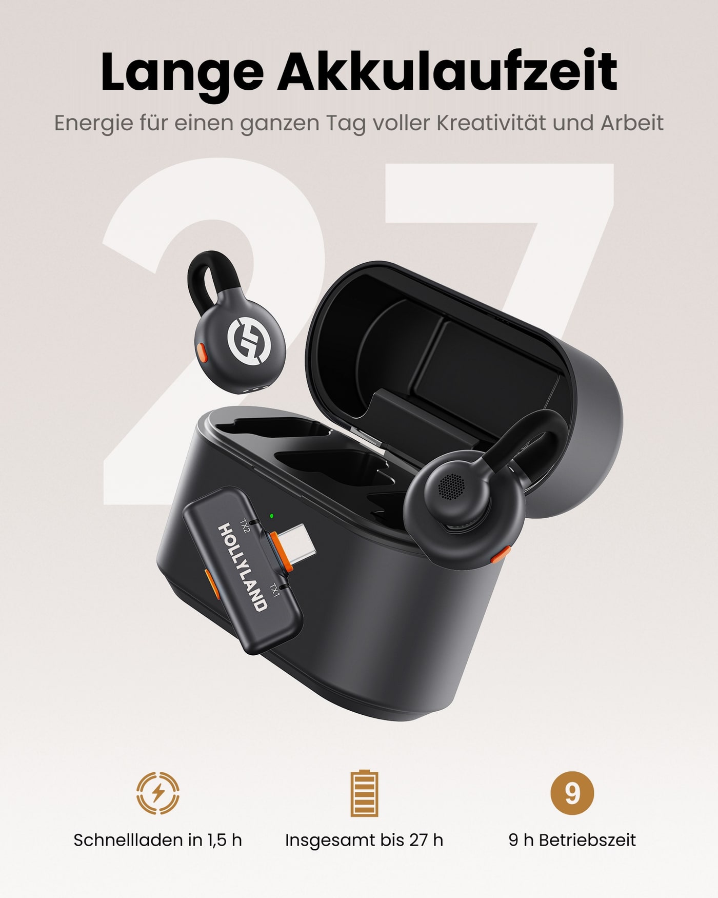 Hollyland LARK M2S Mobile Ladeetui (Space Gray) – Laufzeit mit dem Etui