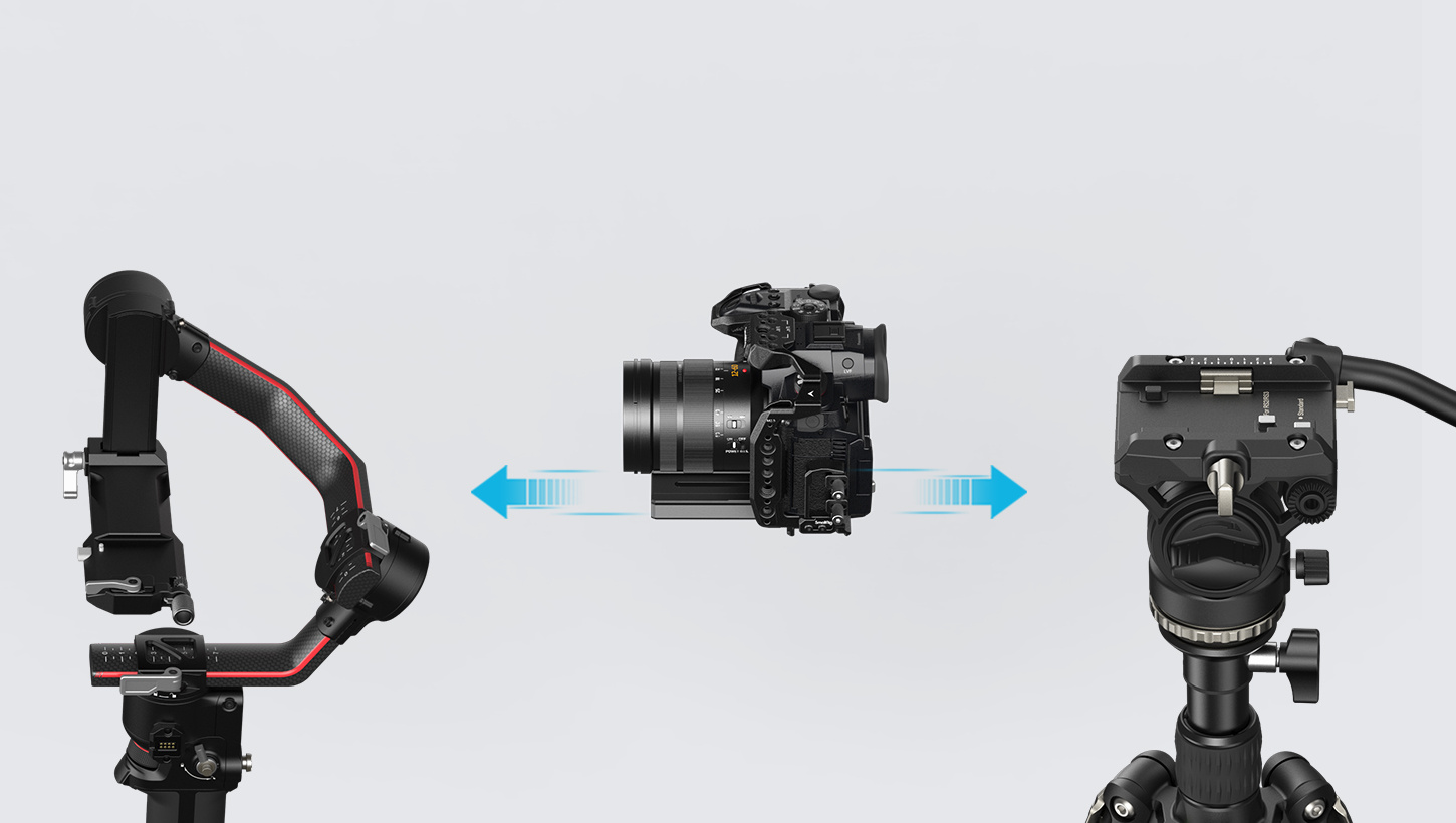 Nimmt Schnellwechselplatten für DJI RS 2 / RS 3 / RS 3 Pro und für Manfrotto auf — der Wechsel zwischen Gimbal und Stativ geht ohne Umbau
