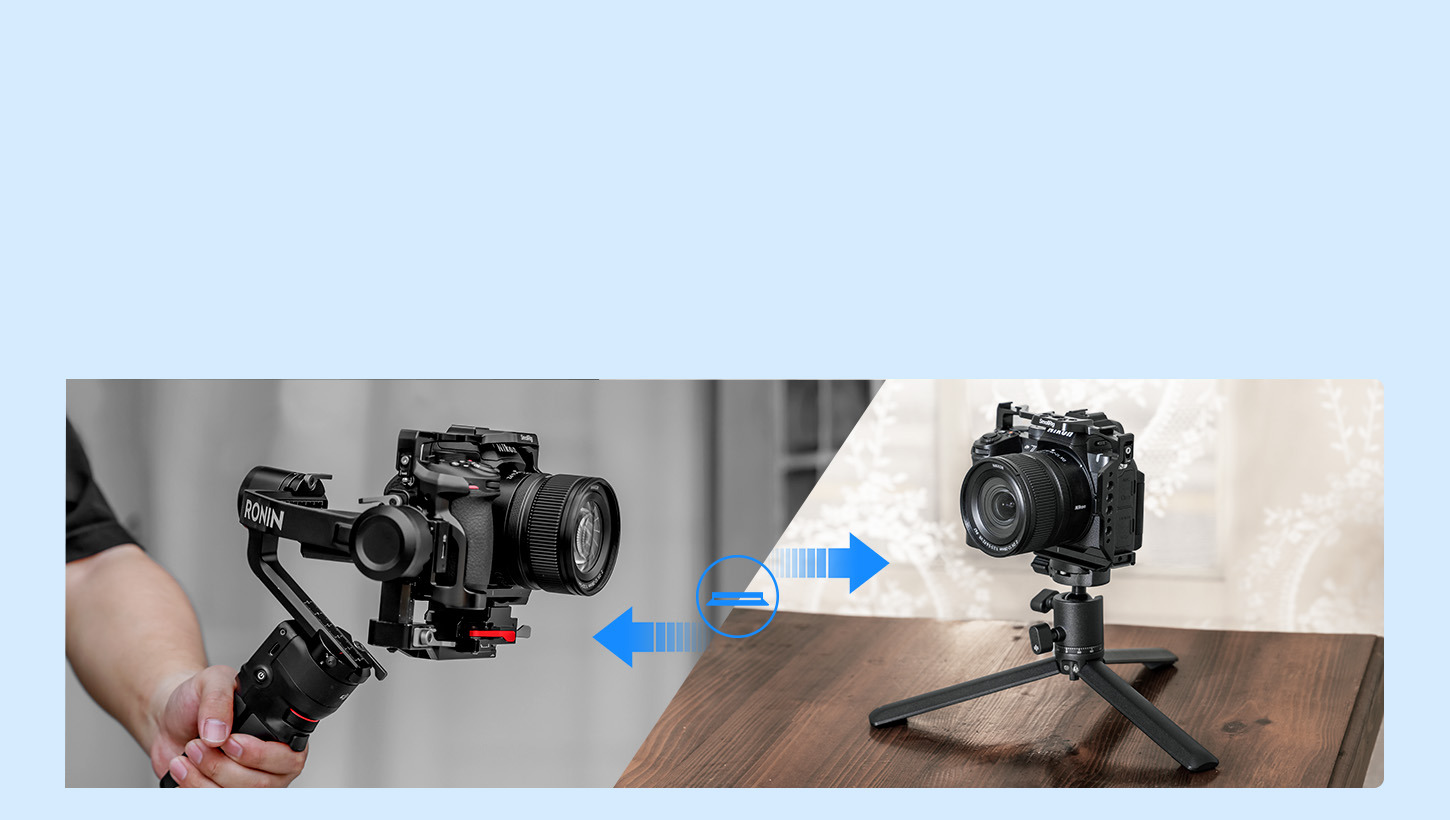 Die integrierte Arca-Swiss-Schnellwechselplatte erlaubt den schnellen Wechsel zwischen Handbetrieb, Stativ und Gimbal