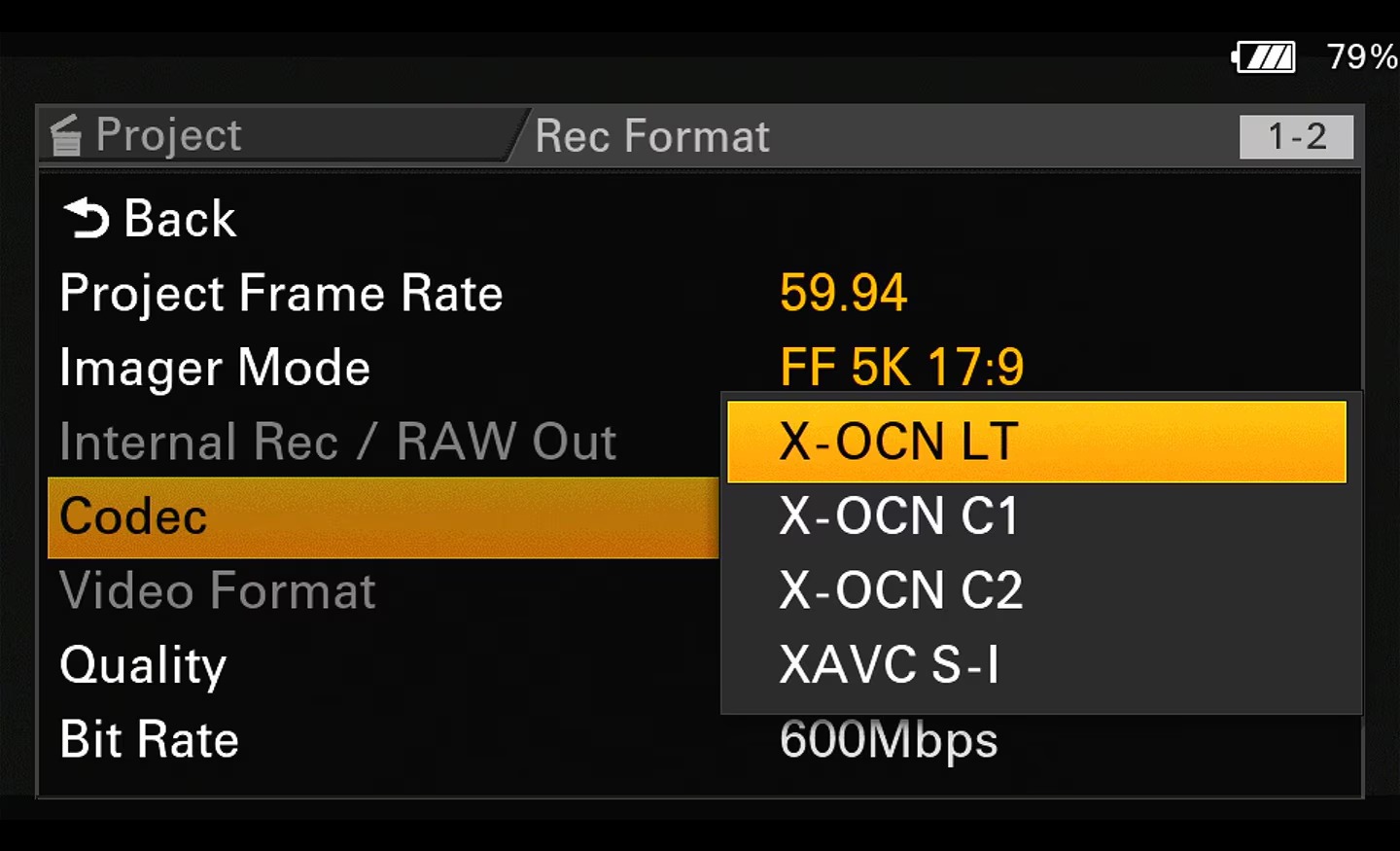 Interne X-OCN-Aufnahme in der Sony FX5