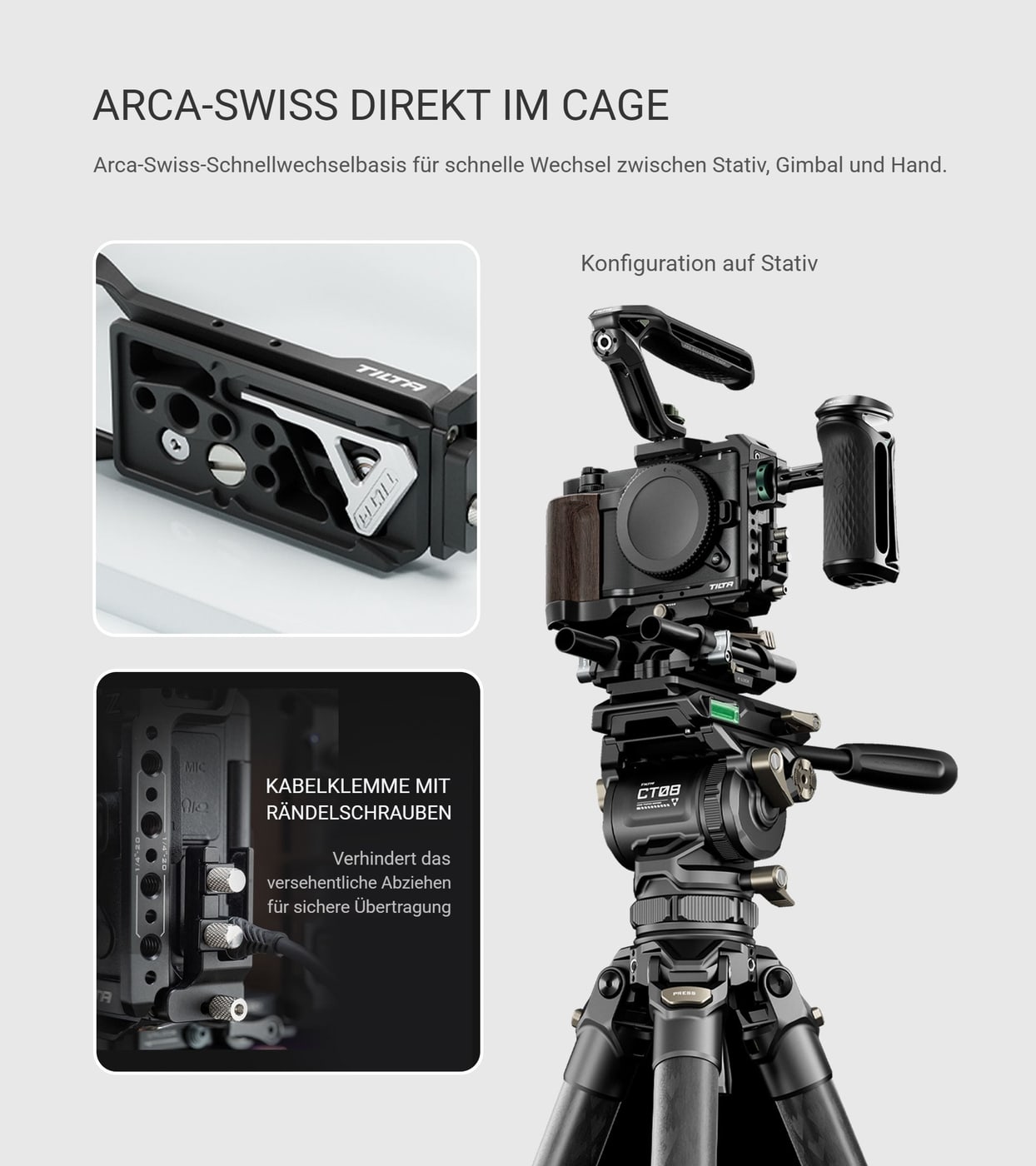 Arca-Swiss direkt im Cage und Kabelklemme