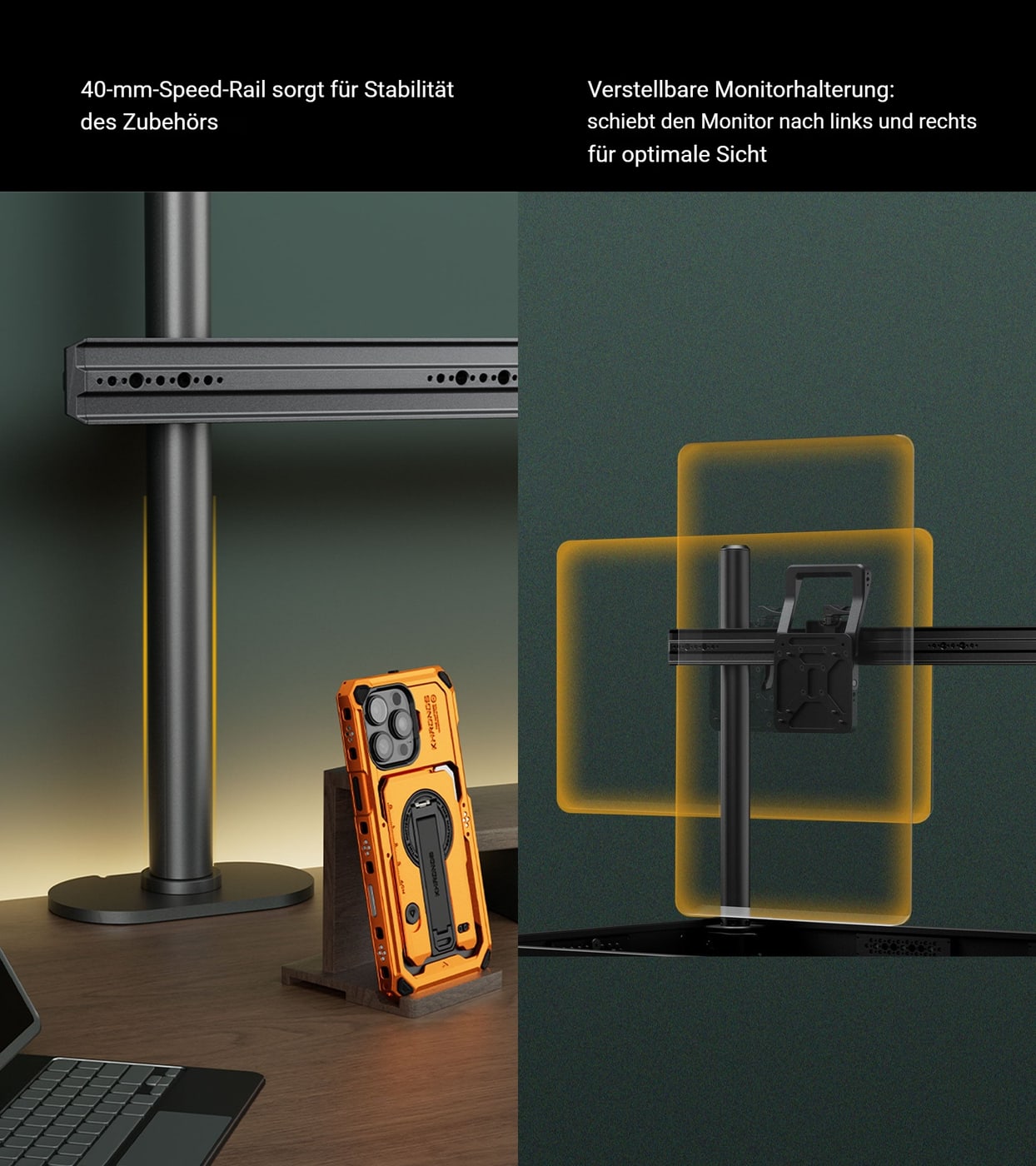 40-mm-Speed-Rail und verschiebbare Monitorhalterung
