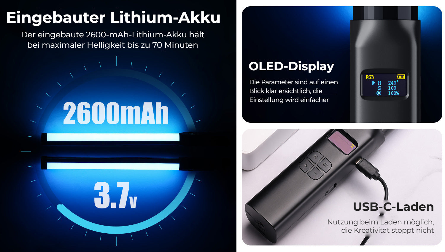 Ulanzi VL119 RGB LED tyč 10 W – Baterie, displej a USB-C