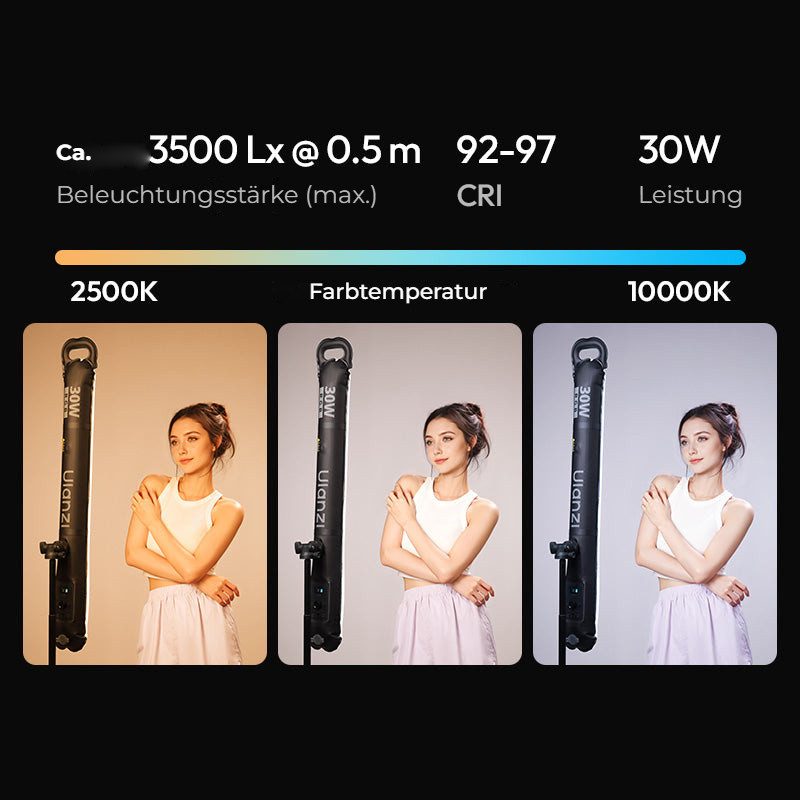 Ulanzi LA30 nafukovací RGB trubicové světlo – 30 W, 2500–10 000 K a CRI 92–97