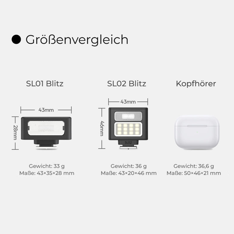 Ulanzi SL01 Spark Lite Camera Flash Light – Porovnání velikosti