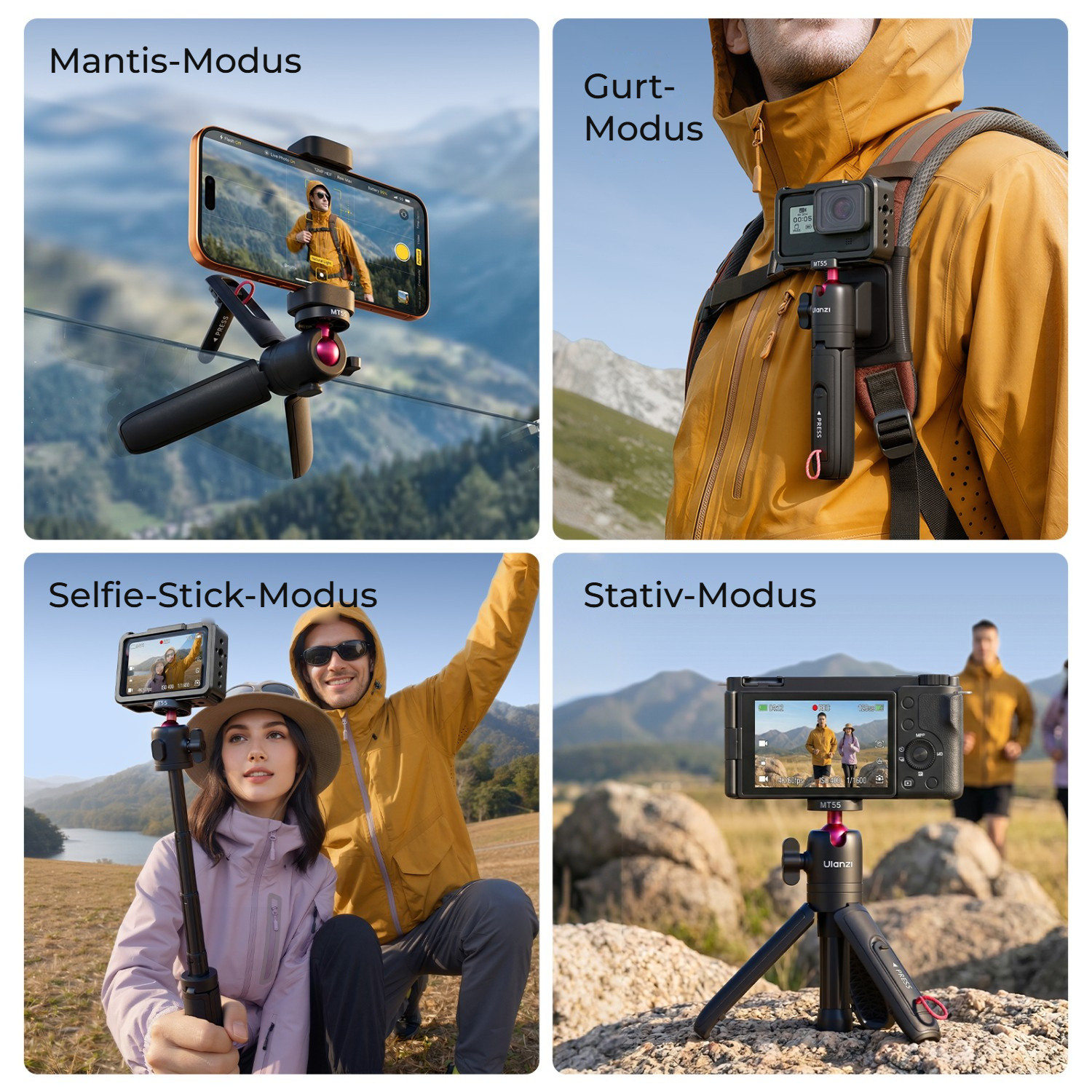 Ulanzi MT55 SnapGo ministativ a selfie tyč s uchycením 1/4″ – Čtyři způsoby natáčení