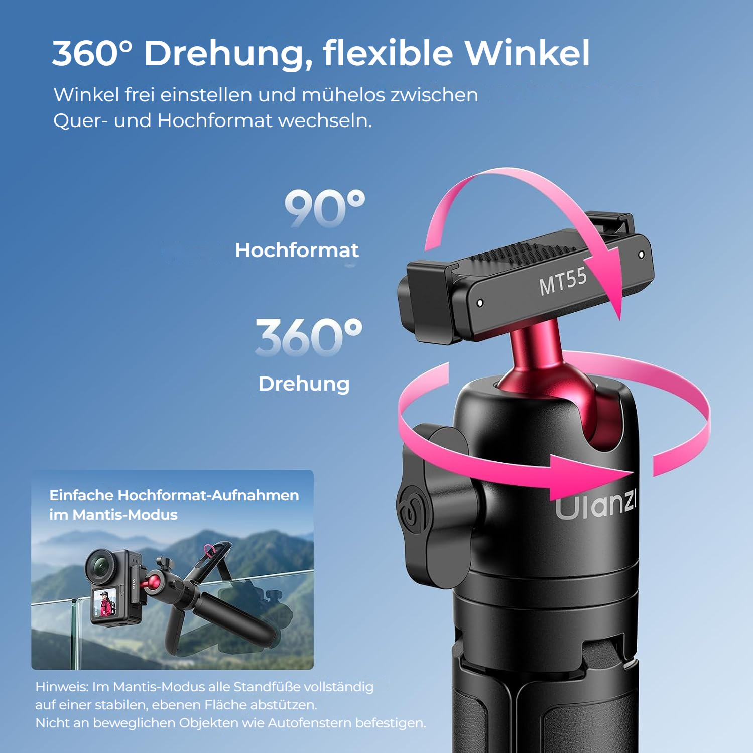 Ulanzi MT55 SnapGo ministativ a selfie tyč – Kulová hlava: 360° a 90°
