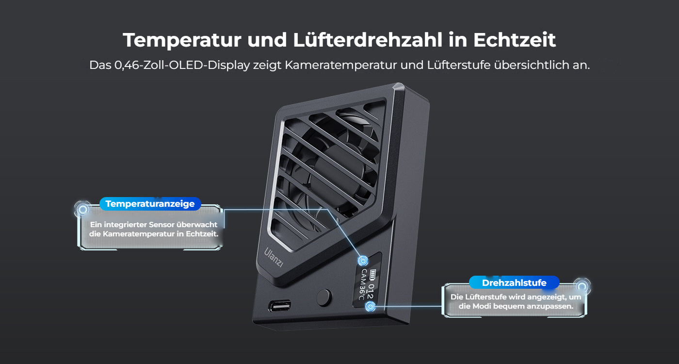 Ulanzi CA25 chladicí ventilátor pro fotoaparáty – OLED displej v reálném čase