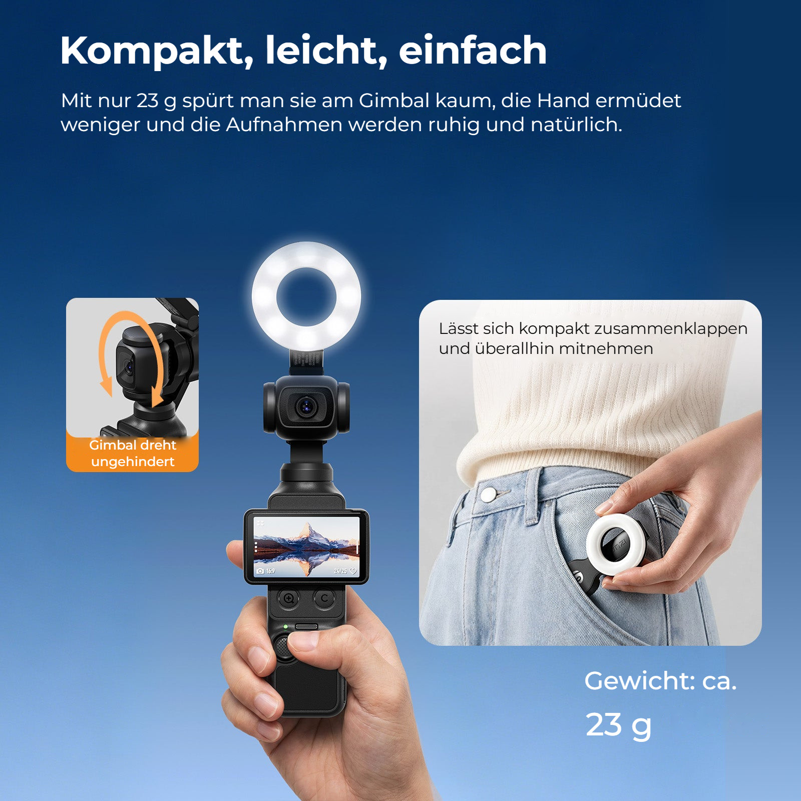 Ulanzi LM004 kruhové přisvětlení pro DJI Osmo Pocket 4 – 23 gramů a složí se s gimbalem