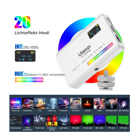 Ulanzi VL120 RGB LED světlo (bílé) – 20 světelných efektů